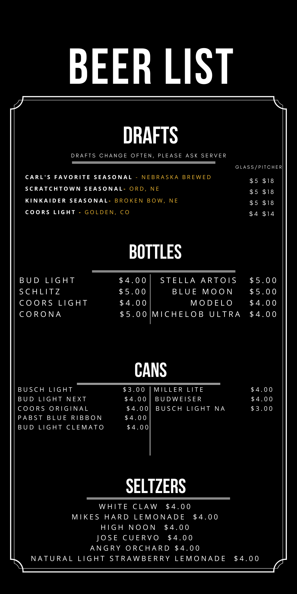 Carl's Tavern (Ord, NE) Beer List